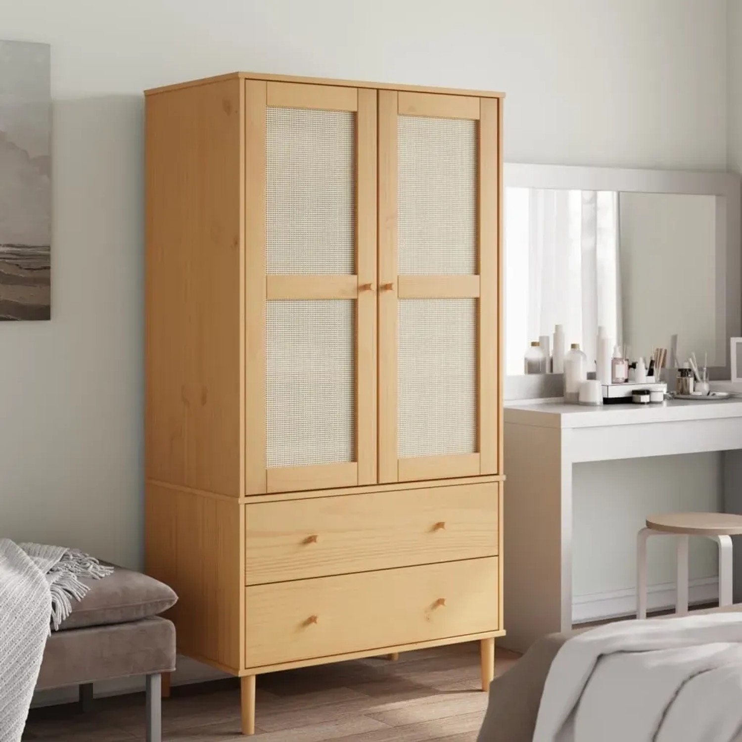 Brauner Kleiderschrank SENJA mit Rattan-Optik, Kiefernholz, 90x175cm. Schrank mit Schubladen und Türen.