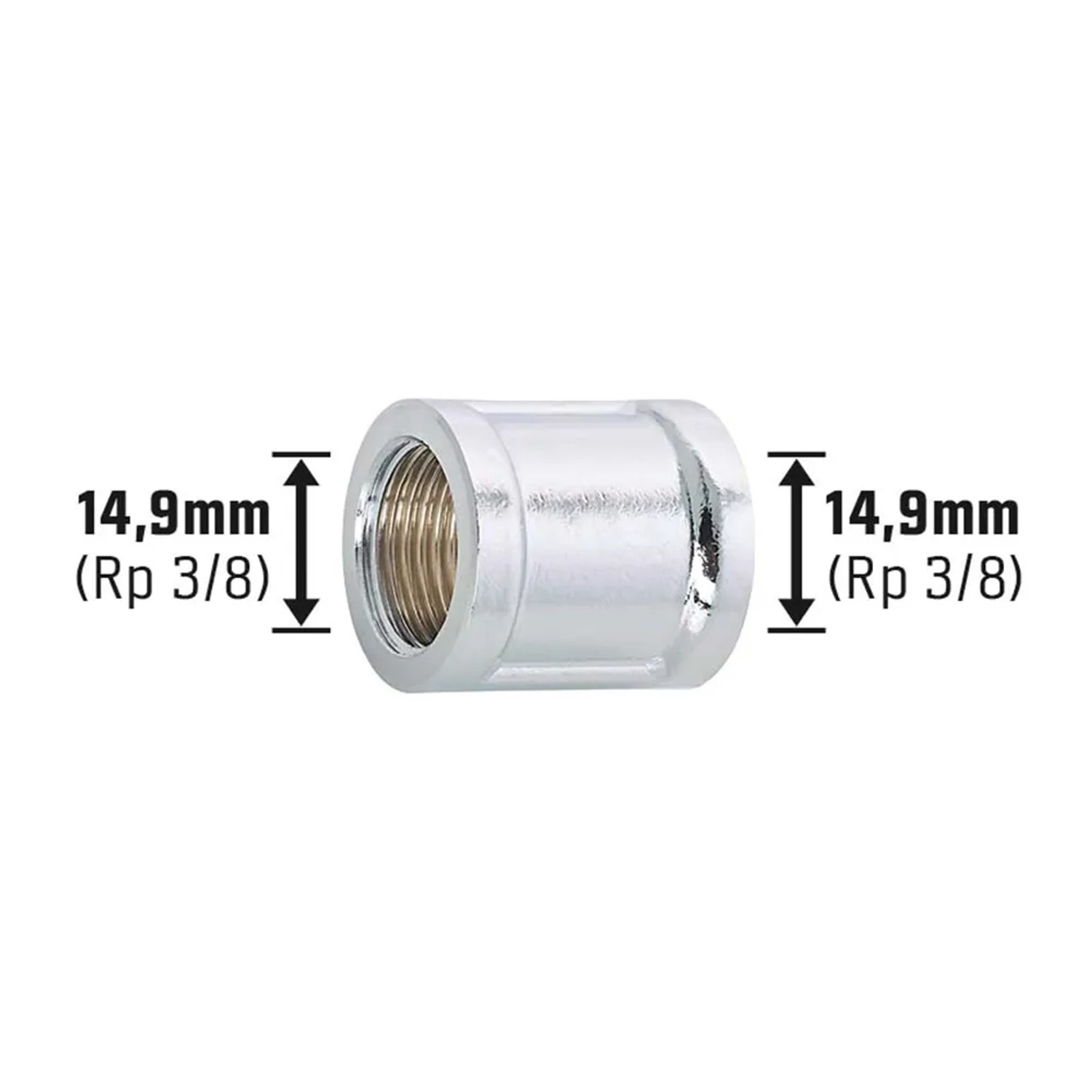 Verchromte Messing Gewinde-Muffe, 14,9 mm (Rp 3/8) für sichere Rohrverbindungen.