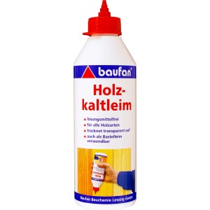 Baufan Holzkaltleim 500g in weißer Flasche mit roter Spitze.