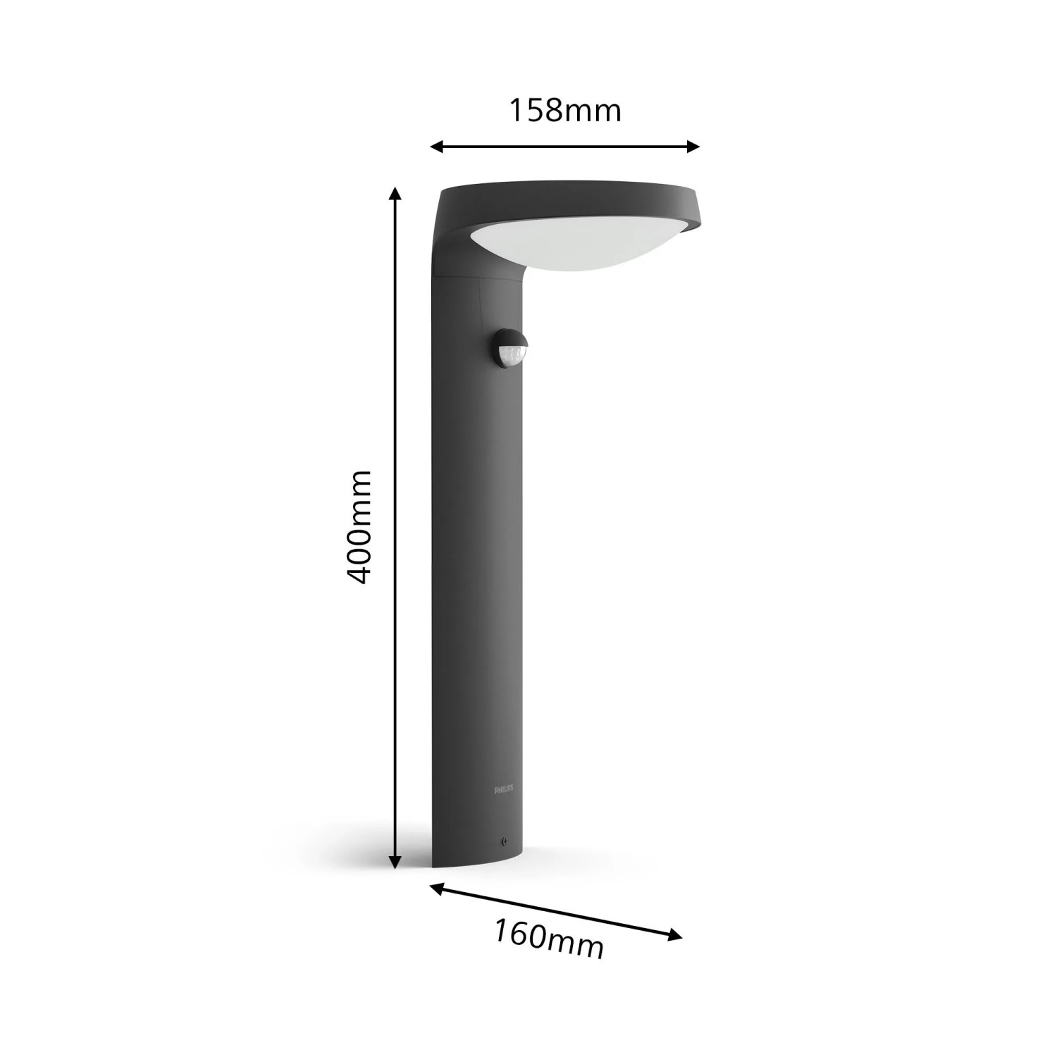 Philips Solar-Sockelleuchte Tyla in Anthrazit, 40 cm hoch, mit Bewegungssensor. Ideal für den Außenbereich.
