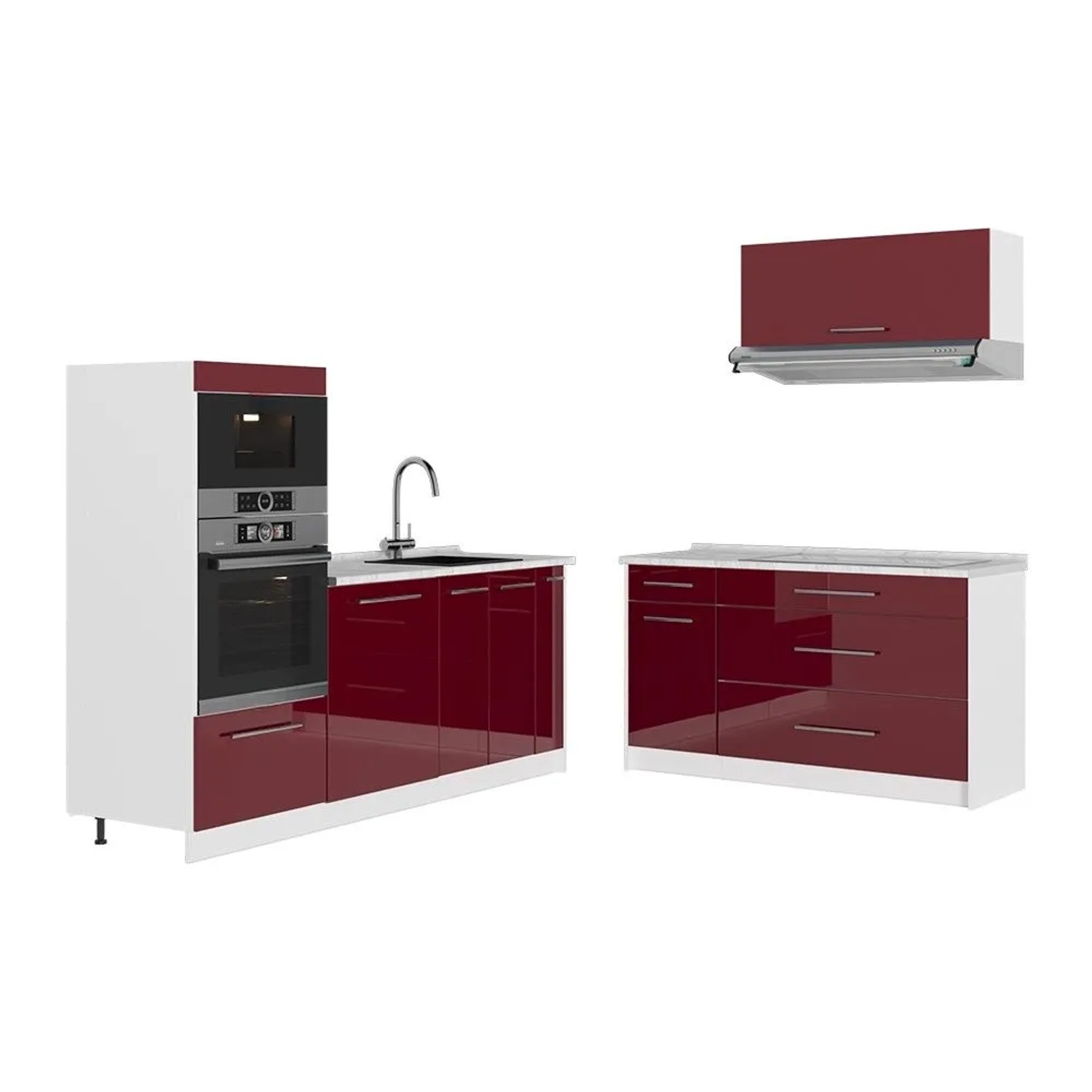 Vicco Küchenzeile Fame-Line Bordeaux Hochglanz/Weiß 340 x 154 AP Marmor Art Nr 63939