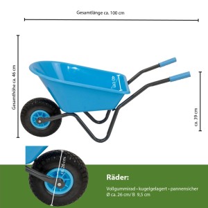 Hellblaue Kinderschubkarre mit Vollgummirad, Traglast 40 kg, ideal für Spiel & Spaß im Garten.