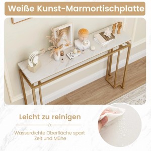 Schmaler Costway Flurtisch mit weißer Kunstmarmorplatte auf goldenem Metallrahmen, dekoriert. Wasserdichte Oberfläche, leicht zu reinigen.