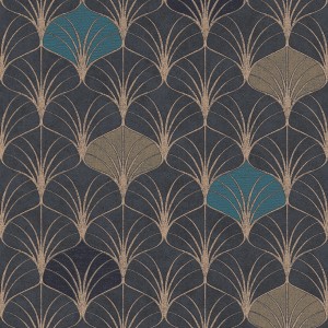 Bricoflor Vliestapete mit Art Deco Muster in Schwarz, Gold und Petrol für Wohnräume.