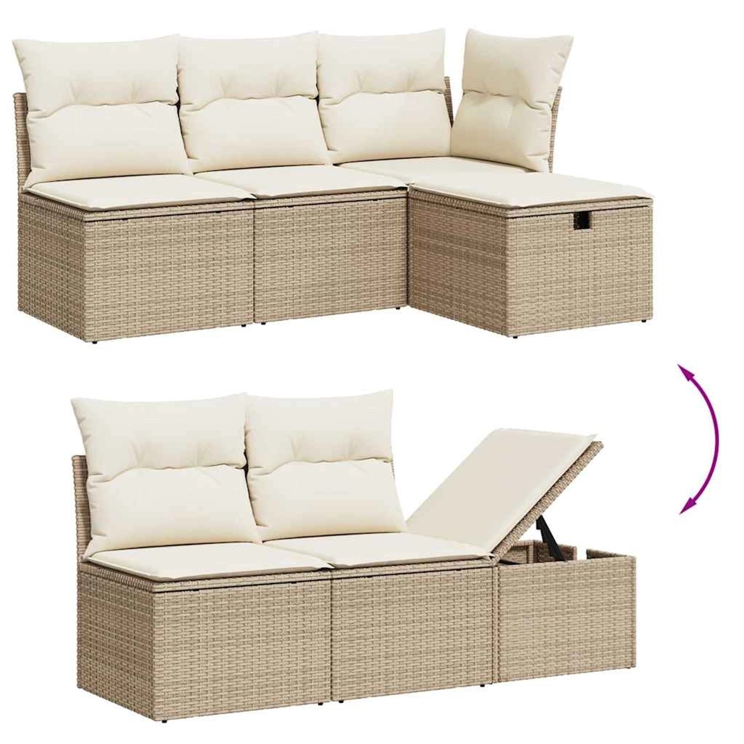 Beige 6-tlg. Garten-Sofagarnitur aus Rattan mit Kissen. Modulares Design mit Stauraum.
