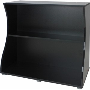 Offener, schwarzer Fluval Aquariumunterschrank Flex 123 l mit zwei Ablageflächen.