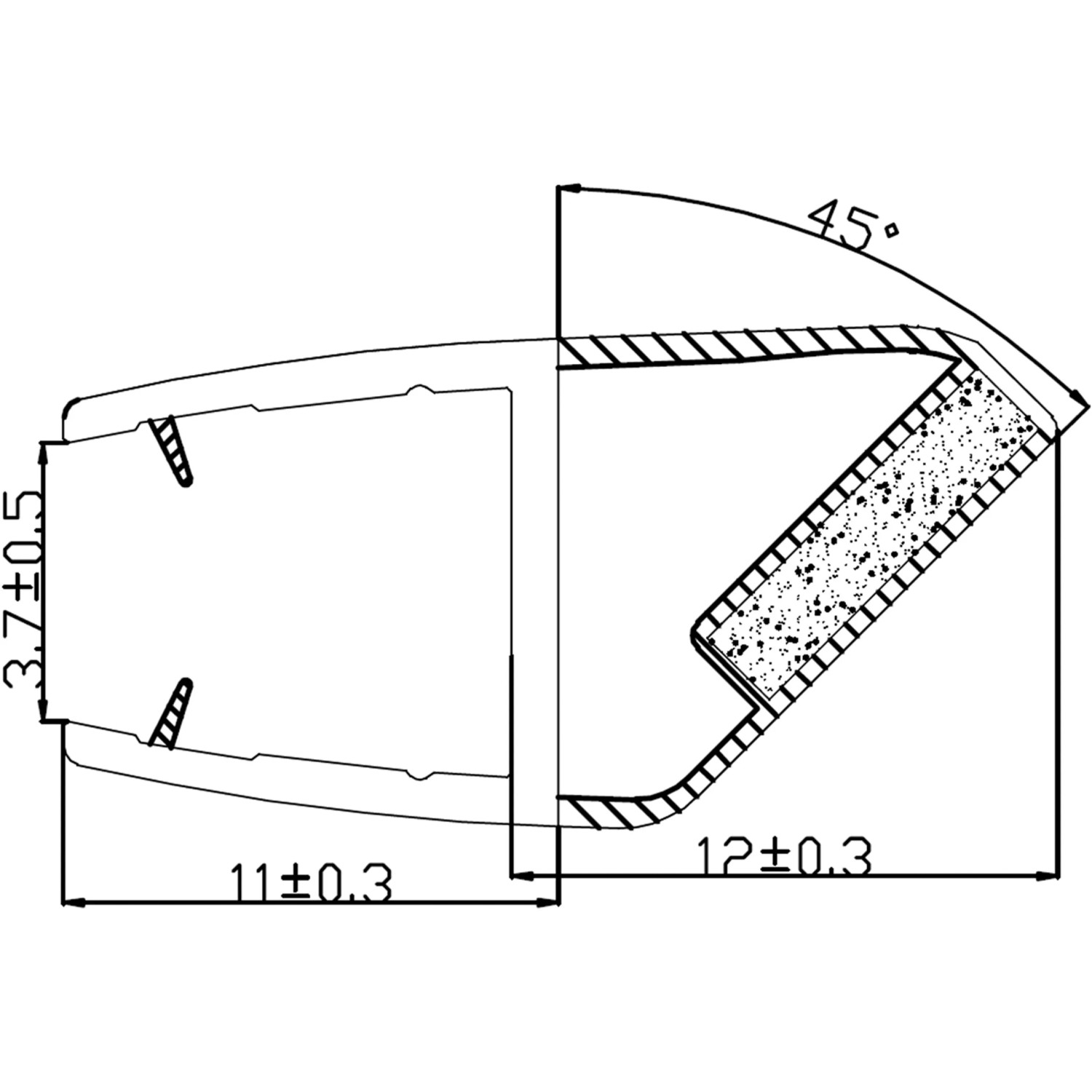 Technische Zeichnung: Magnetdichtung für Eckduschkabine, 4mm Glas, Maße und Winkelangaben.