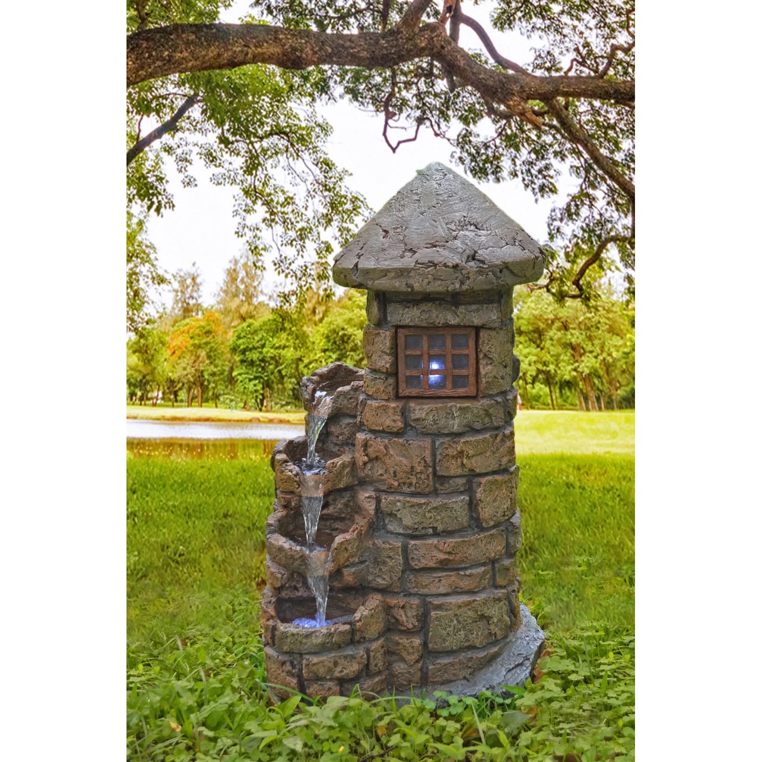 Braungrauer DELUKE Brunnen MARTIN in Steinoptik, 68x39x33cm, Gartendeko.