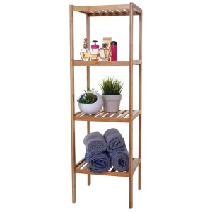 Schlankes Badregal aus Bambus mit 4 Ablagen, ideal für Handtücher und Badartikel. Höhe 110 cm.