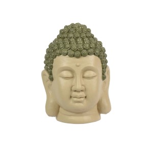 Buddhakopf Gartendekoration: Meditative Statue in Naturton und Grün mit geschlossenen Augen.