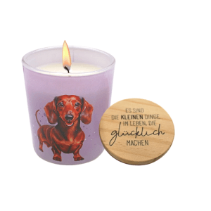 Duftkerze im Glas mit Dackel-Motiv und Holzdeckel mit Spruch. Aromakerze mit Blütenduft.