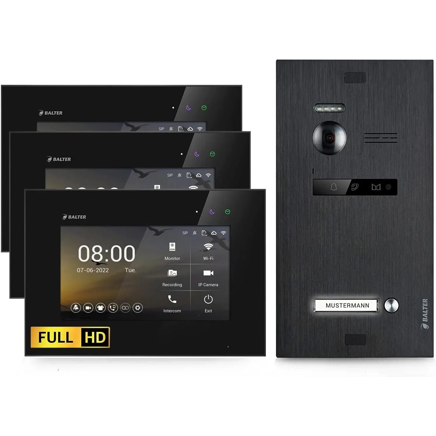 Balter EVO-HD Video-Türsprechanlage für Einfamilienhaus mit 3x 7 Zoll Monitor Schwarz
