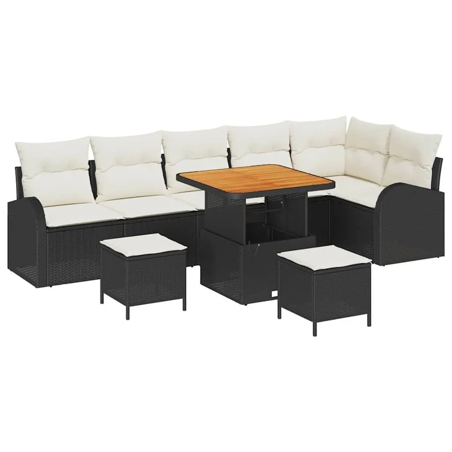 vidaXL Garten-Sofa-Set mit Kissen mit Speicher 9-Tlg Schwarz und Creme 3364360