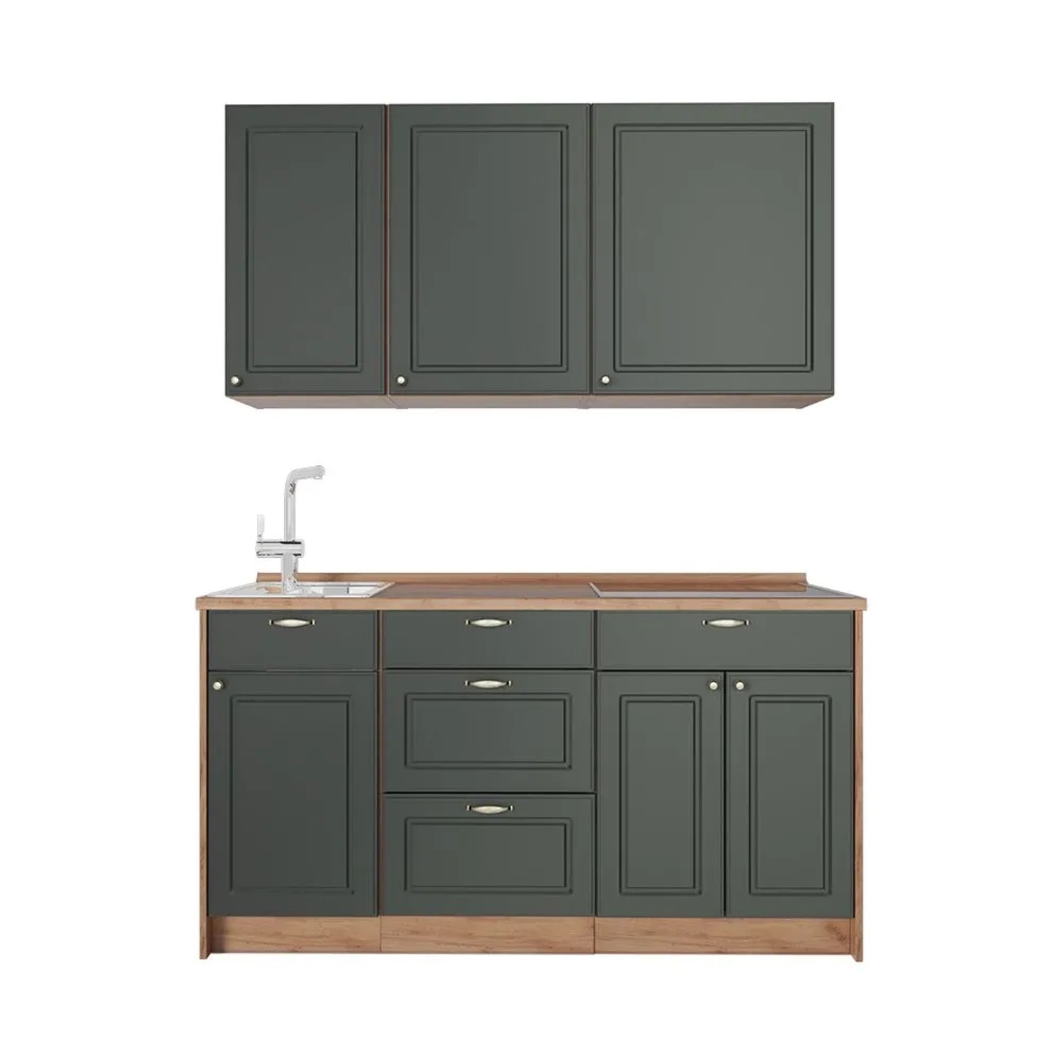Vicco Singleküche Fame-Line Grün-Gold Landhaus/Goldkraft Eiche 150 x 82 AP Eiche Art Nr 64788