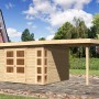 Unbehandeltes Karibu Holz-Gartenhaus Sölve mit Flachdach und Anbau, naturbelassen.