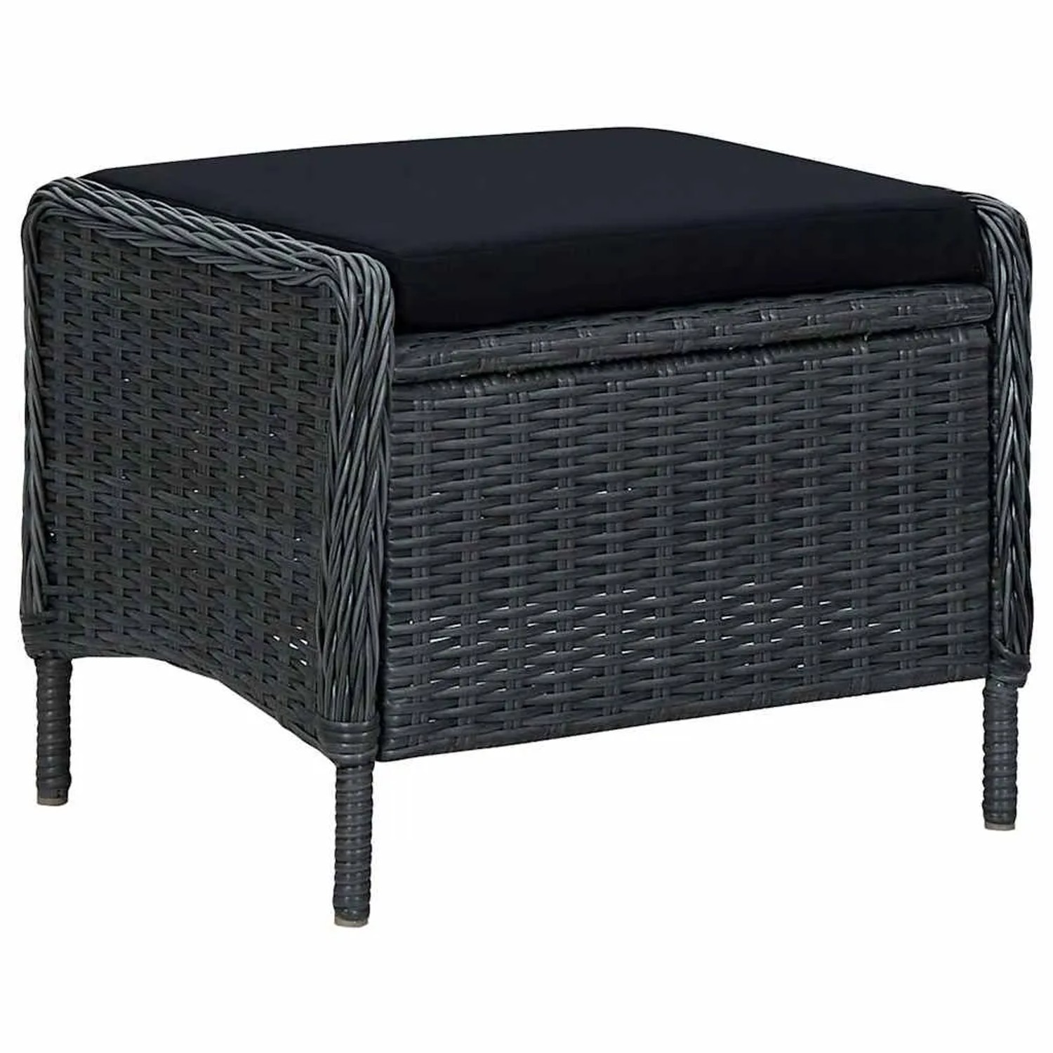 Dunkelgrauer vidaXL Poly-Rattan Fußhocker mit schwarzem Kissen. Robuster Garten-Hocker für entspannte Outdoor-Momente.