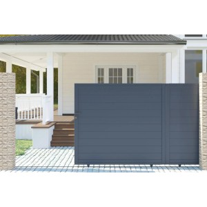 Graues Casanoov Schiebetor Eiger (3,5 m) mit zwei Pfosten (190 cm) für den Garten.