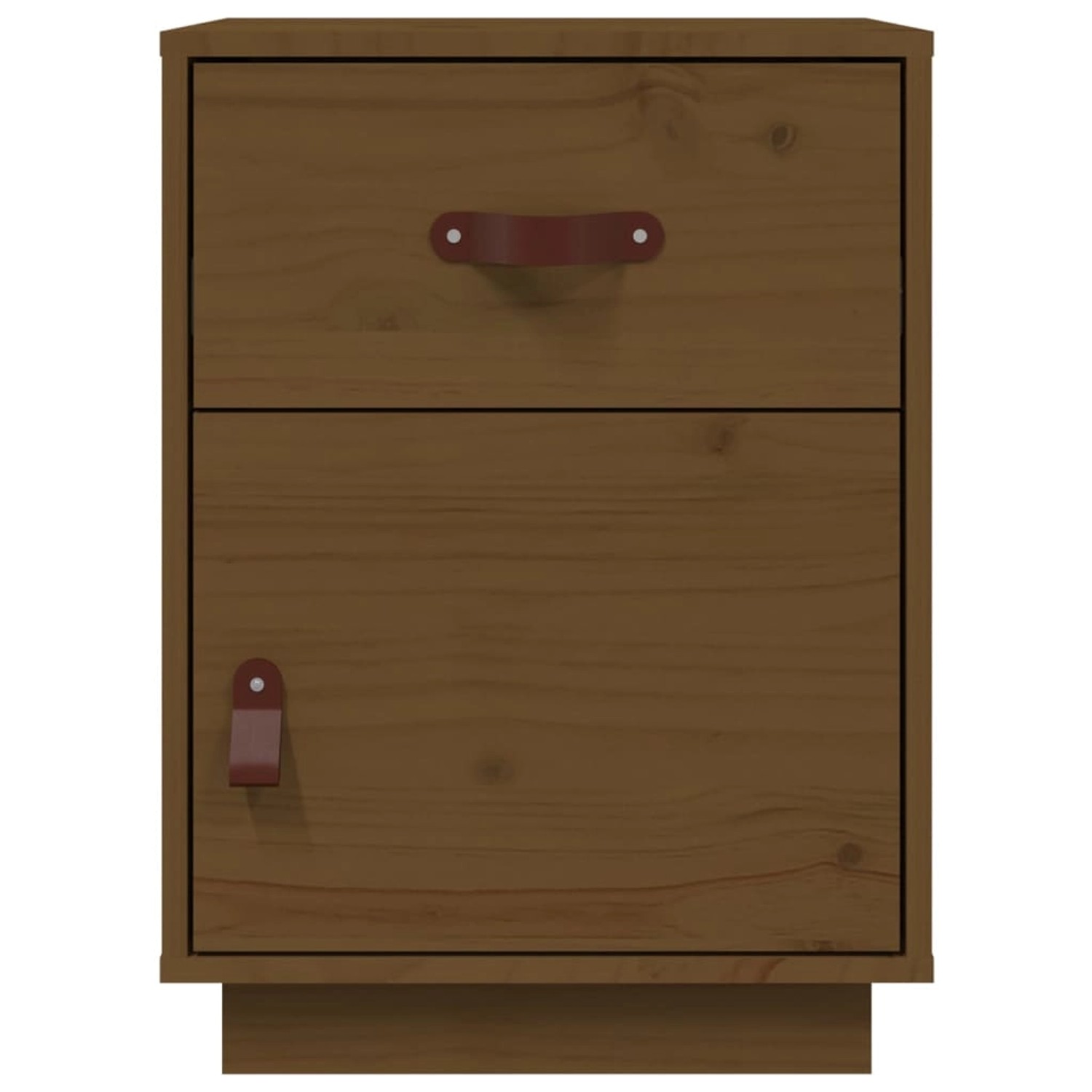 Honigbrauner vidaXL Nachttisch aus Kiefernholz mit Schublade und Tür.