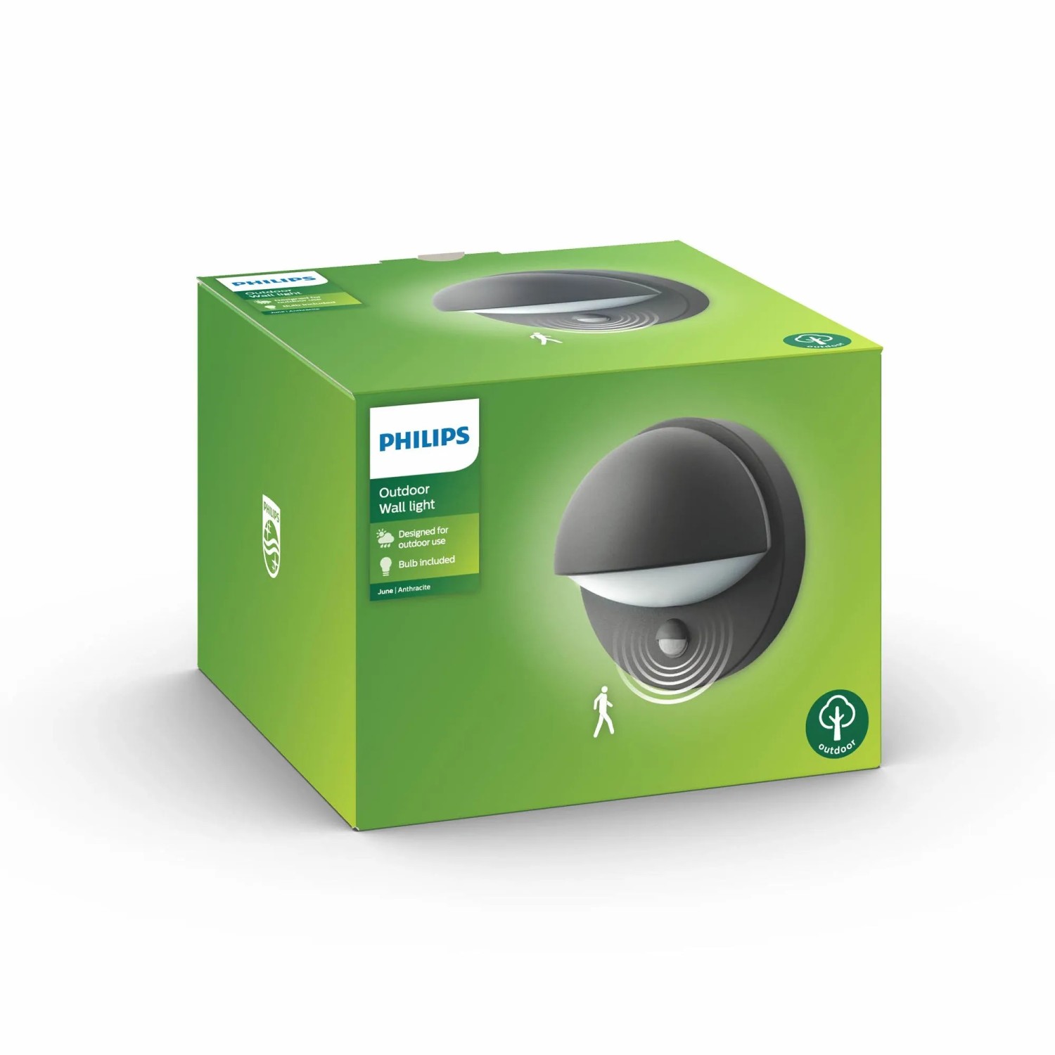 Verpackung der anthrazitfarbenen Philips MyGarden June Außenwandleuchte mit Bewegungssensor.