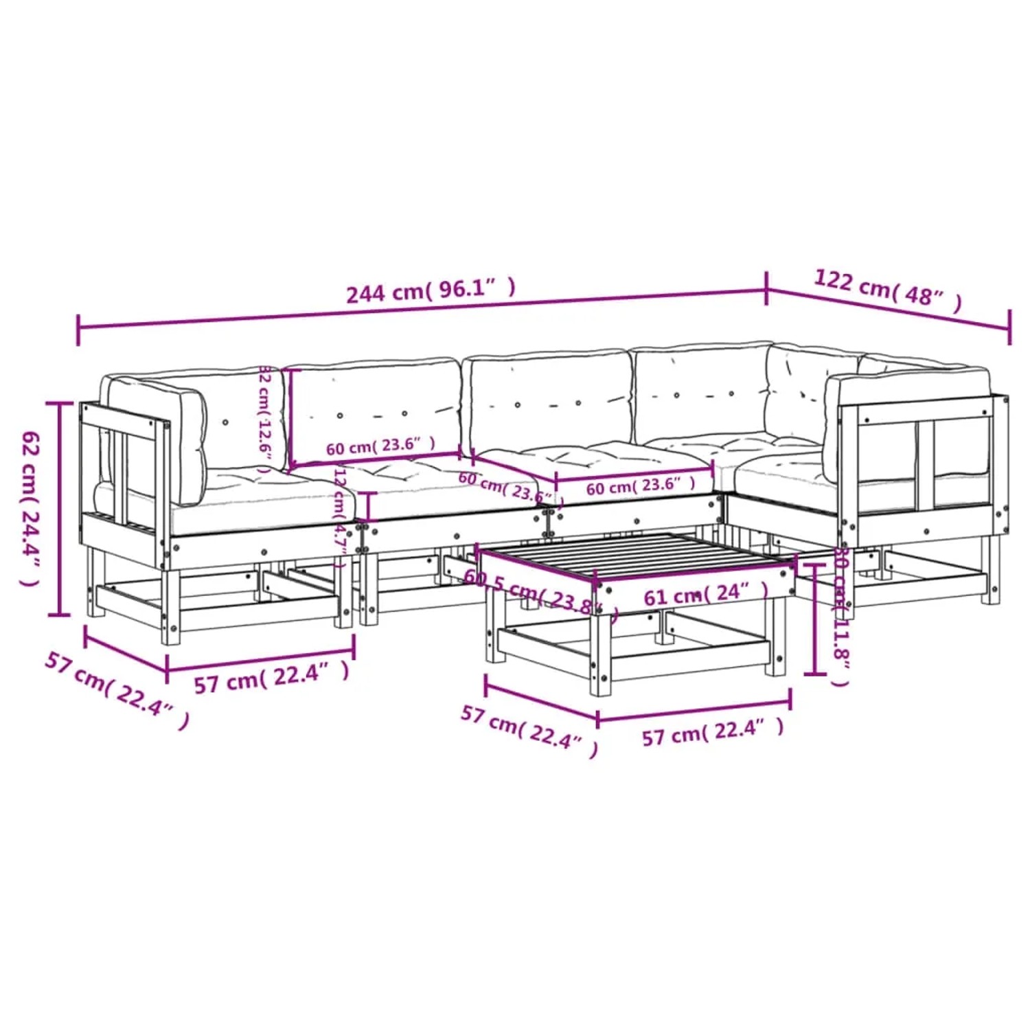 vidaXL 6-tlg. Garten Lounge Set aus Douglasie mit grauen Kissen, bestehend aus Sofas, Eckteilen und Tisch.