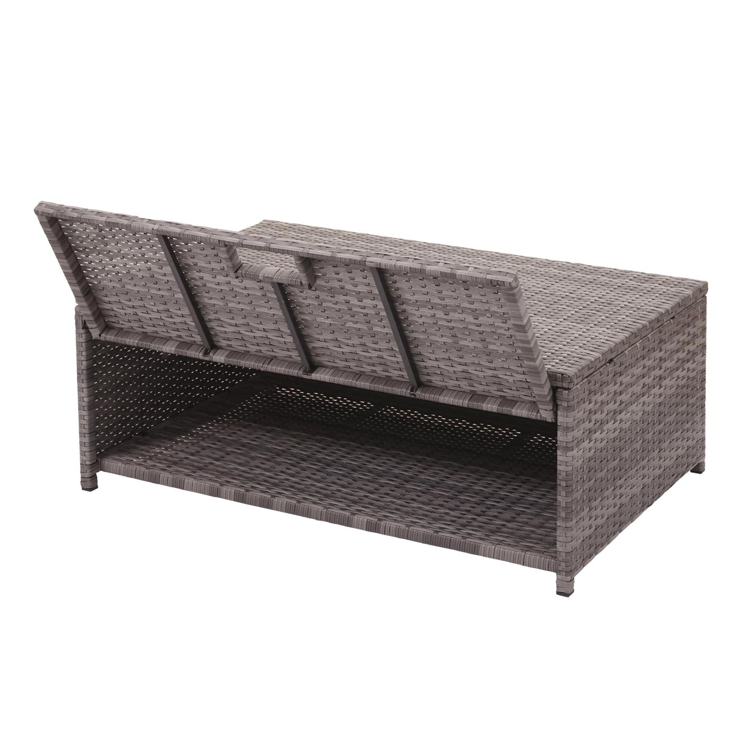 Grauer Poly-Rattan Tisch der MCW J34 Gartenmöbel-Garnitur mit geöffnetem Staufach.