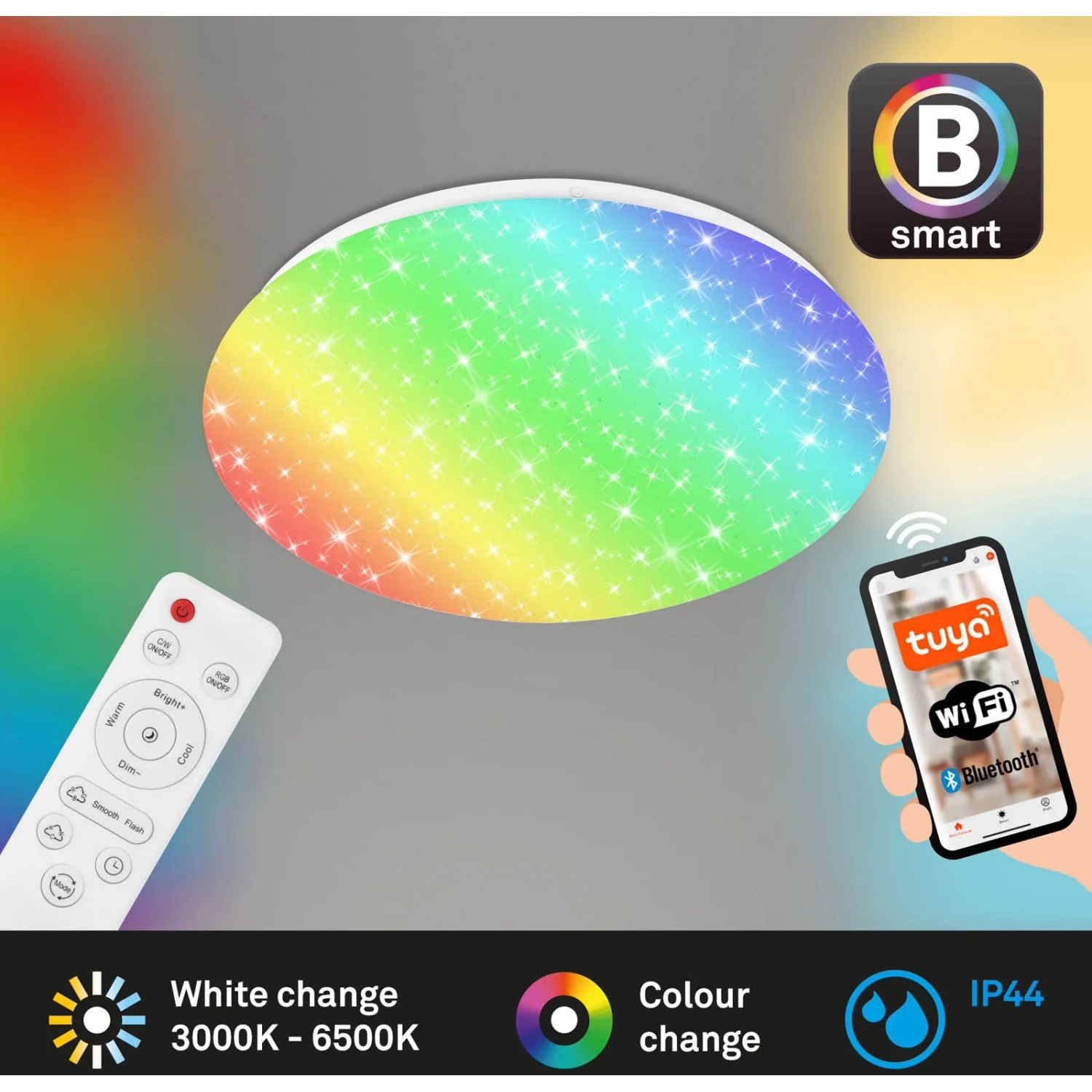 Dimmbare LED Deckenleuchte Barny S mit Sternendekor, steuerbar per App und Fernbedienung.