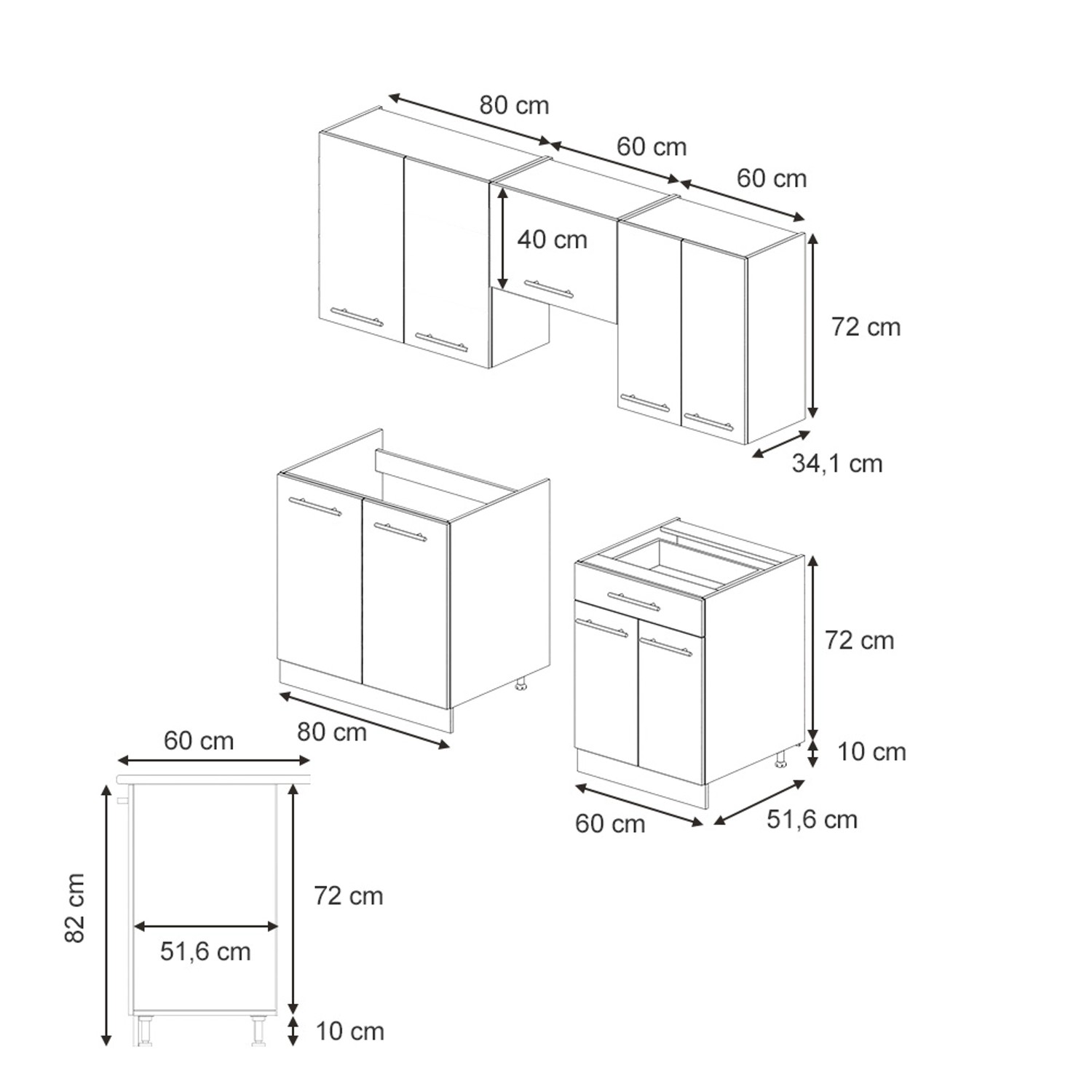 Skizze der Vicco Fame-Line Küchenzeile 200 cm in GrauBeige/Anthrazit mit Maßen.
