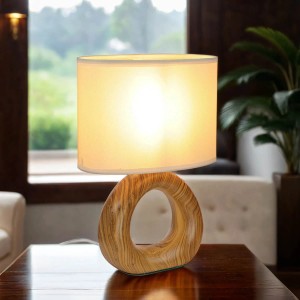 Licht-Erlebnisse Tischleuchte Keramik Stoff 28 cm Holzoptik Beige E14