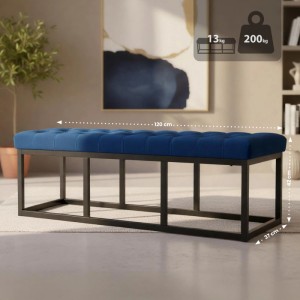 DELUKE Sitzbank MERIDA: Blaue Samtbank mit gesteppter Polsterung, schwarzem Metallgestell, 120x37x42cm. Für Flur, Esszimmer.
