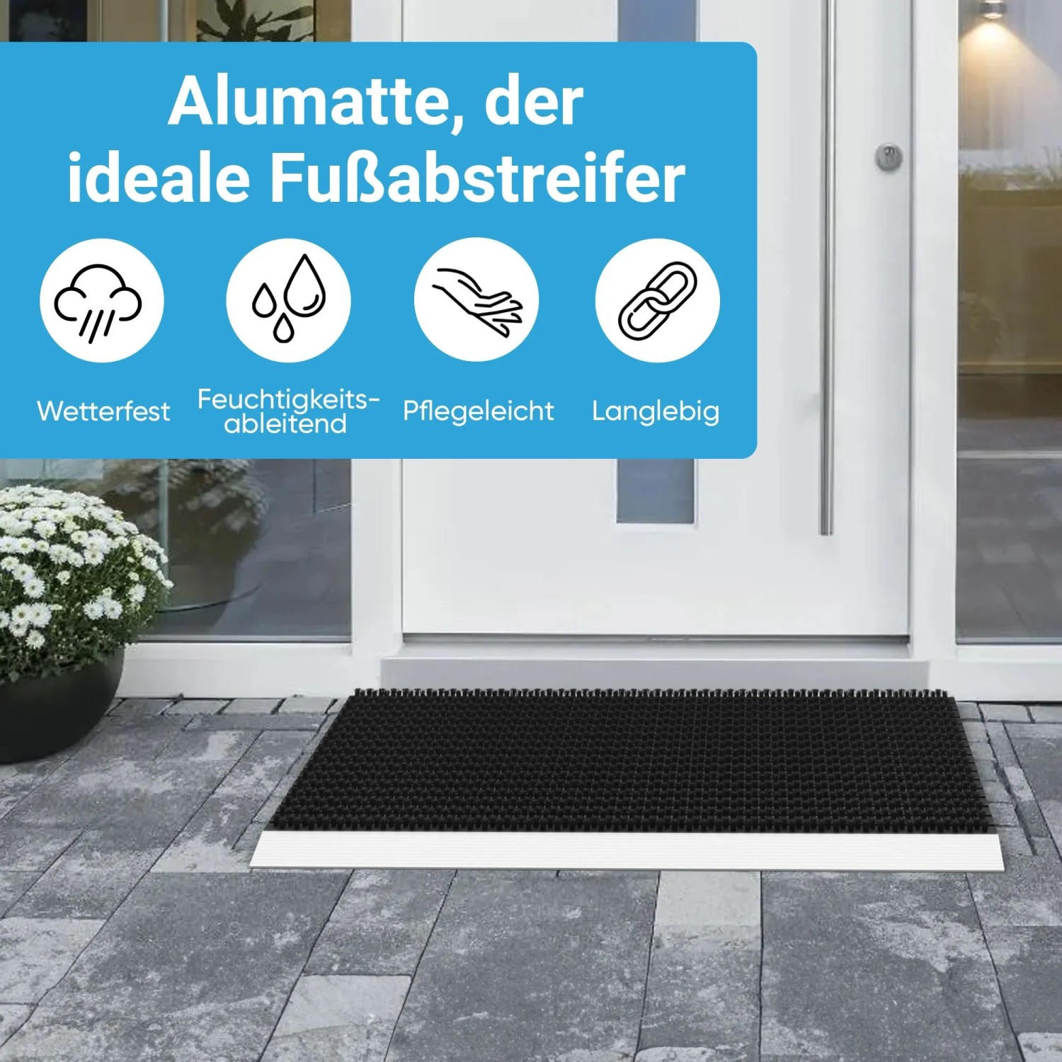 Schwarze Björn&Schiller Fußmatte mit Alu-Rahmen und Bürsten vor einer Haustür.