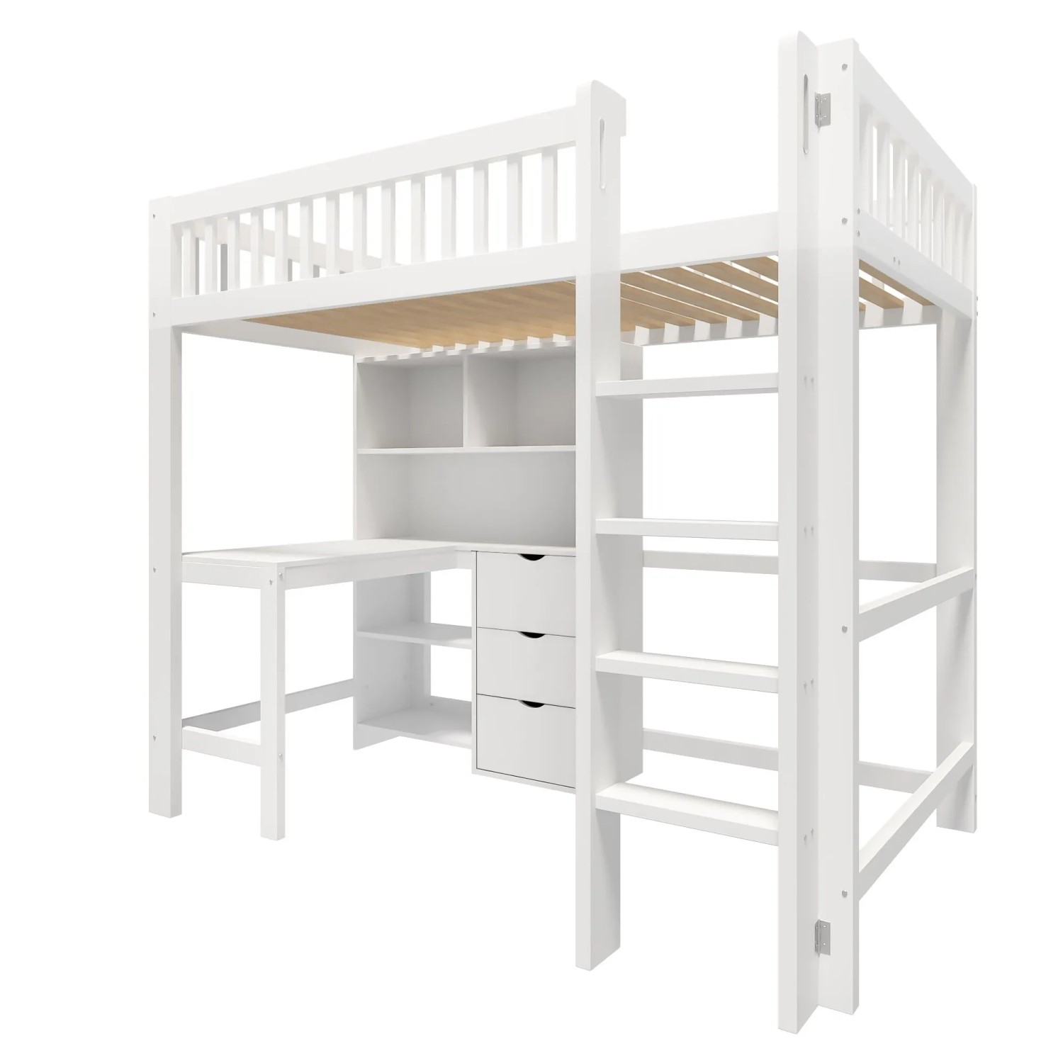 okwish Hochbett 90x200cm mit 3 Schubladen Schreibtisch und Ablagen Weiß ohne Matratze