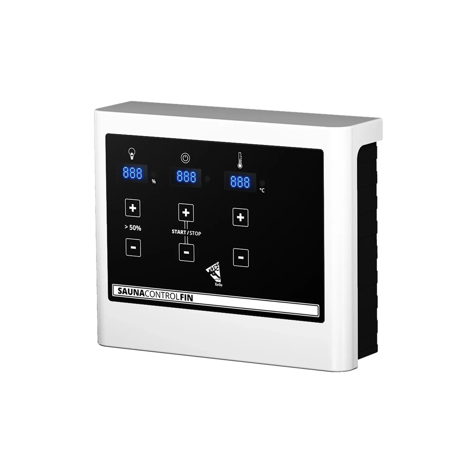 Externe Steuerung 9 kW für Karibu Sauna Elea: Weißes Bedienfeld mit digitaler Anzeige.