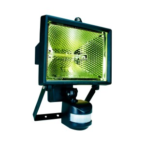 Schwarzer Halogenstrahler mit Bewegungsmelder für den Außenbereich.