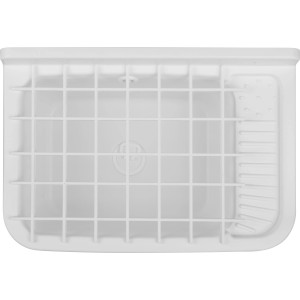 Weißes Ausgussbecken aus Kunststoff, 50 cm breit, mit Gittereinsatz.