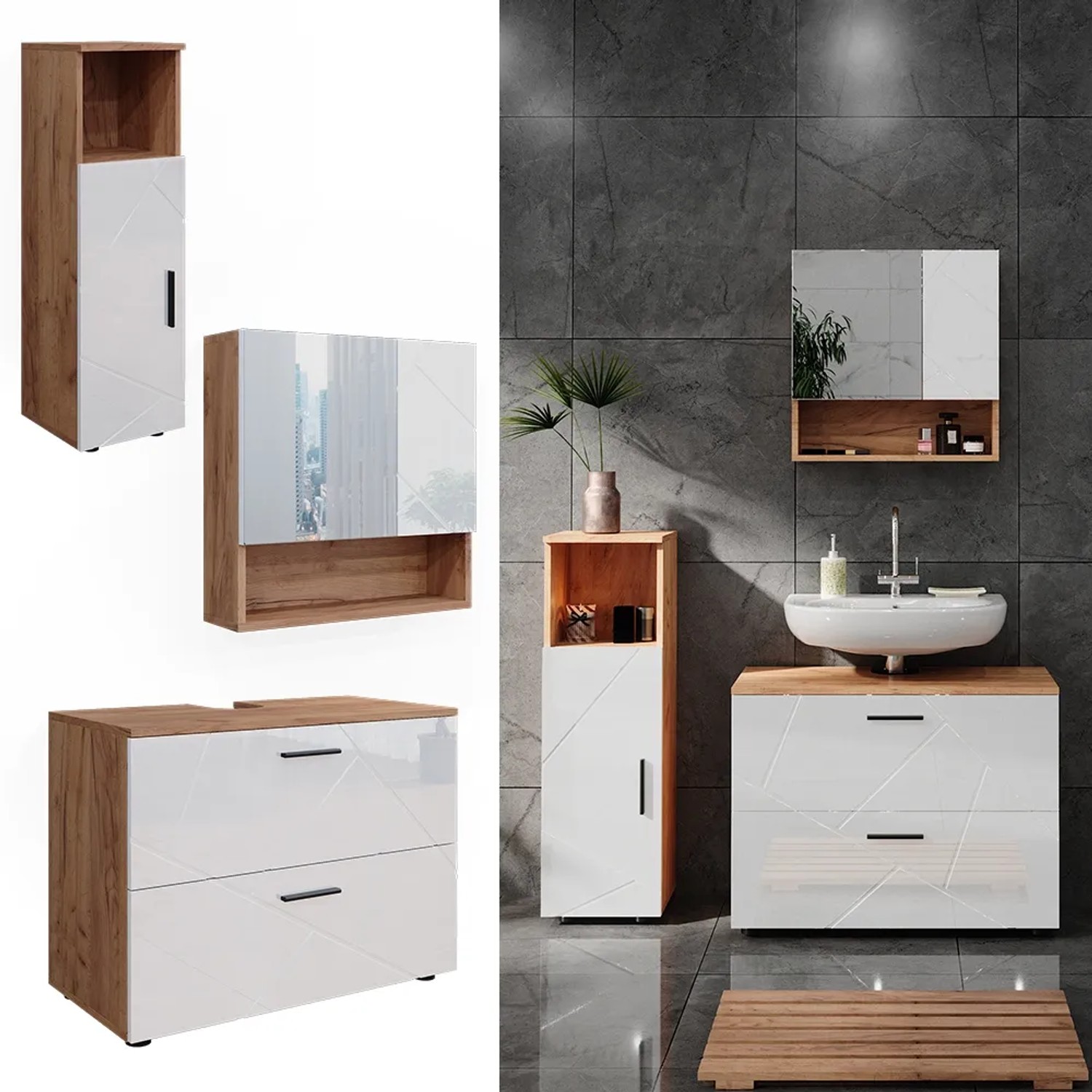 Vicco Badmöbel-Set Irma, 3-teilig, Eiche/Weiß Hochglanz mit Midischrank.