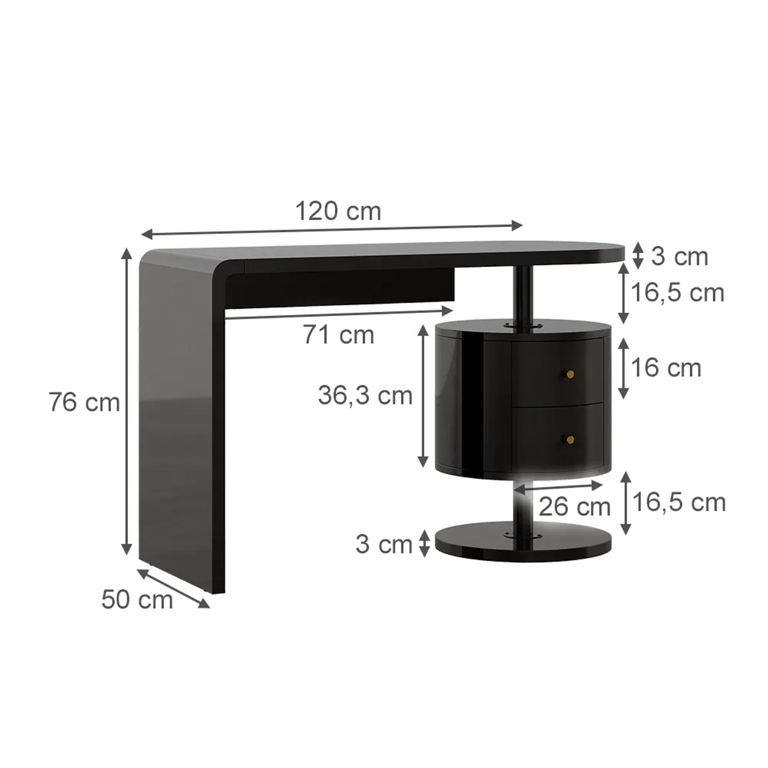 Vicco Schminktisch Lara, 120 cm, Schwarz Hochglanz mit 2 Schubladen. Moderner Kosmetiktisch.