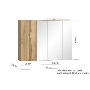 Held Möbel 3D-Spiegelschrank Ancona, 85 cm, Wotaneiche, mit Spiegeltüren und LED-Leuchte.