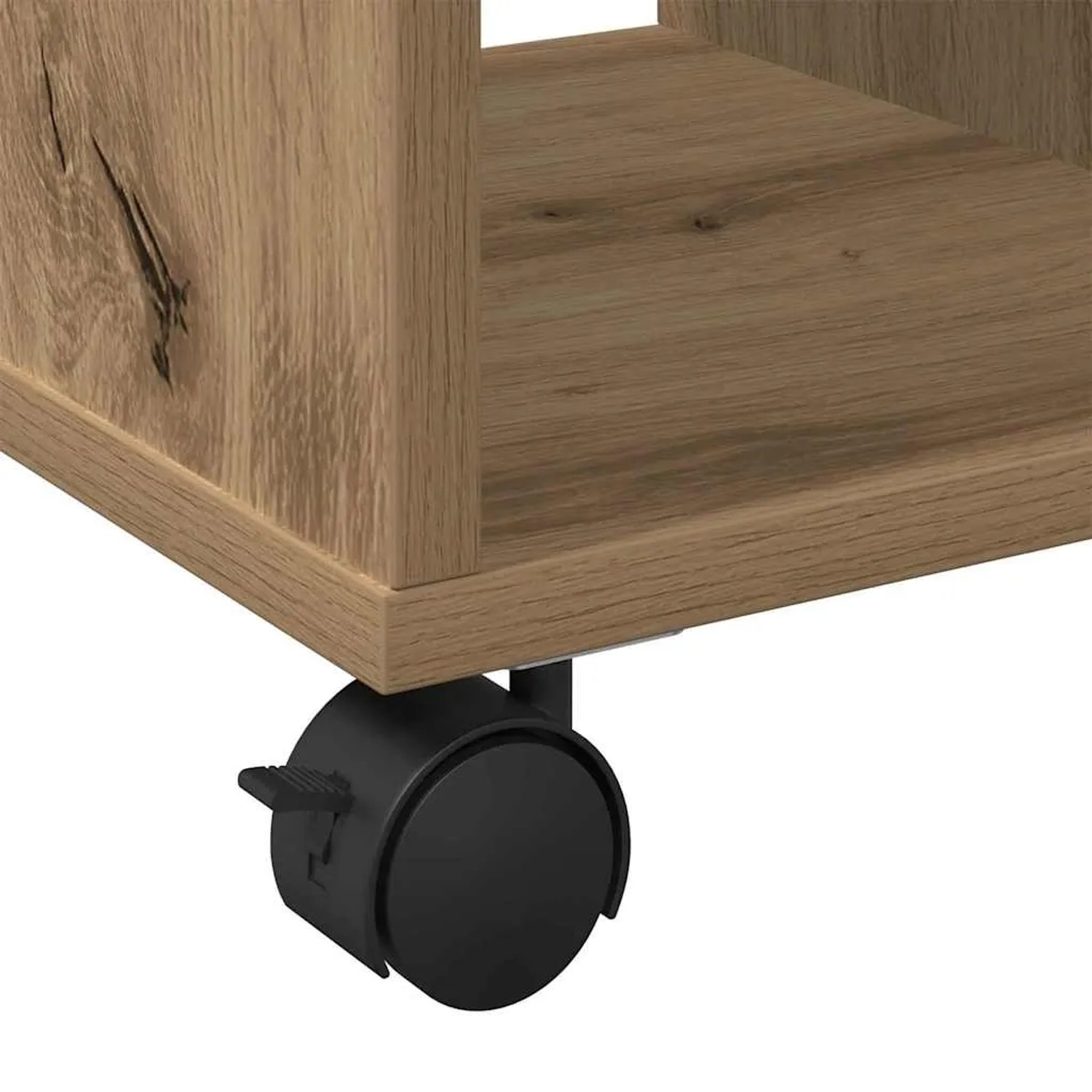 vidaXL Beistelltisch Eiche handwerklich aus Holzwerkstoff. Detailansicht des braunen Tisches mit schwarzem Rollenfuß.
