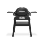 Schwarzer Weber Gasgrill Q1200N mit Stand, Alugussgehäuse und Deckelthermometer.
