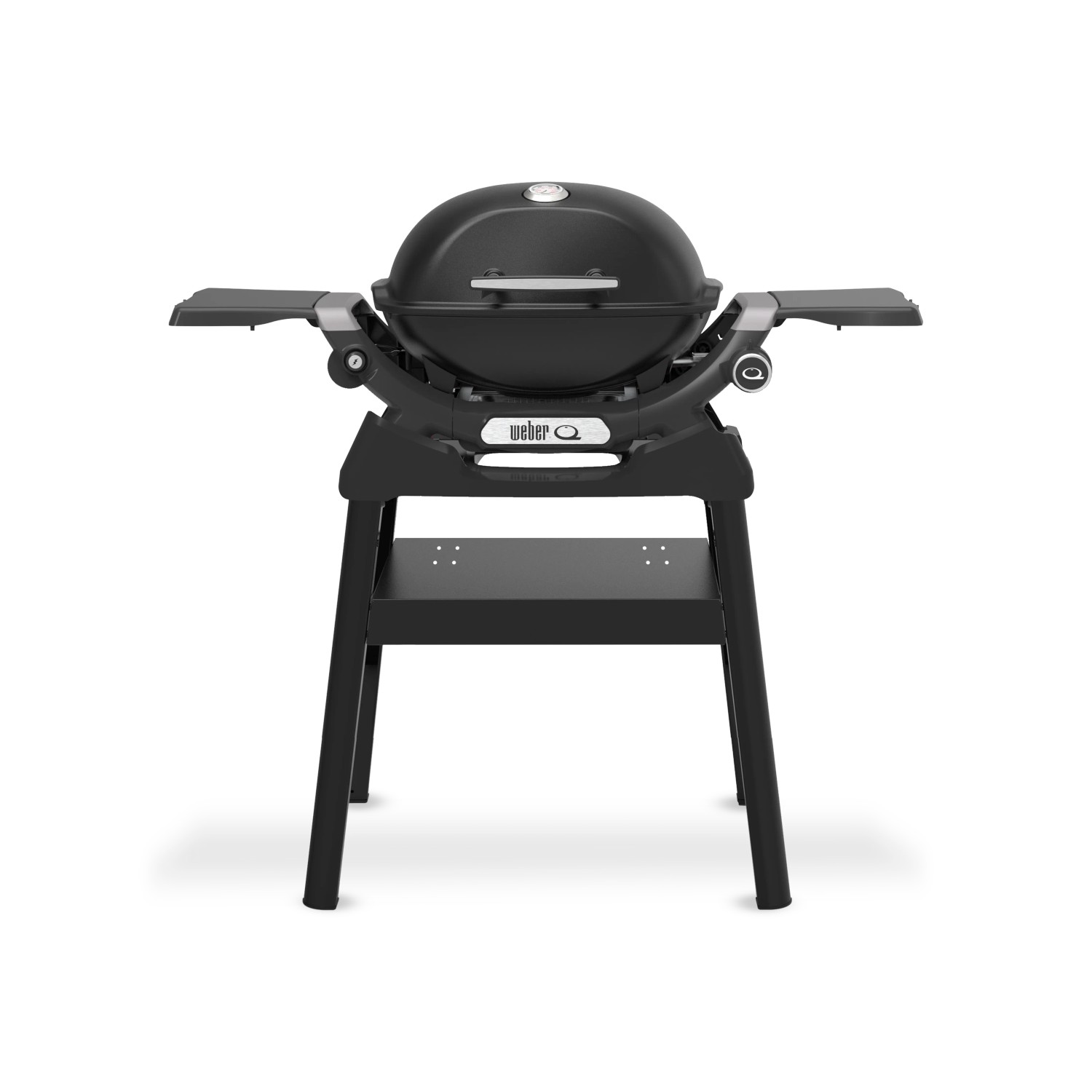 Schwarzer Weber Gasgrill Q1200N mit Stand, Alugussgehäuse und Deckelthermometer.