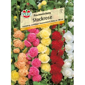 Sperli Stockrose Prachtmischung, mehrfarbig: Blumensamen mit Blüten in Gelb, Rot, Rosa und Weiß.