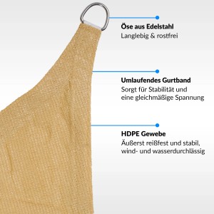 Detailaufnahme: Sandfarbenes Toldoro Sonnensegel Dreieck mit Edelstahl-Öse und HDPE-Gewebe.