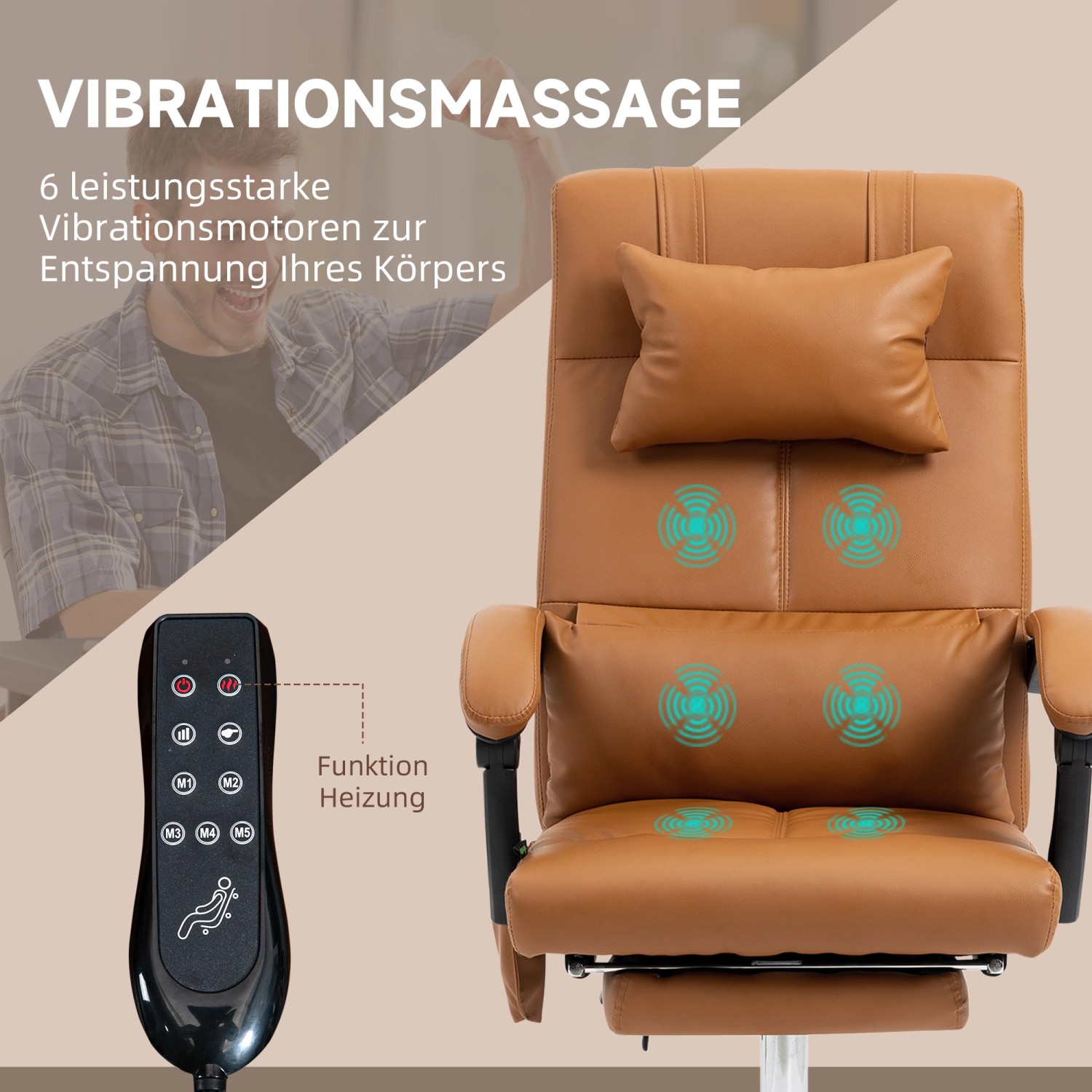 Vinsetto Bürostuhl mit Massagefunktion, Liegefunktion und Kopfkissen, braun.
