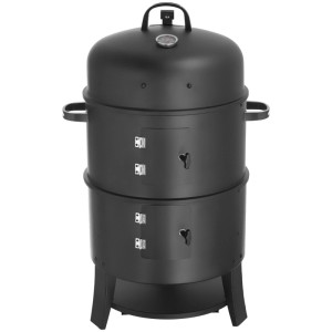 Schwarze Tectake Räuchertonne 3-in-1 zum Grillen, Räuchern, Garen. Zylindrischer Smoker mit Thermometer und Türen.