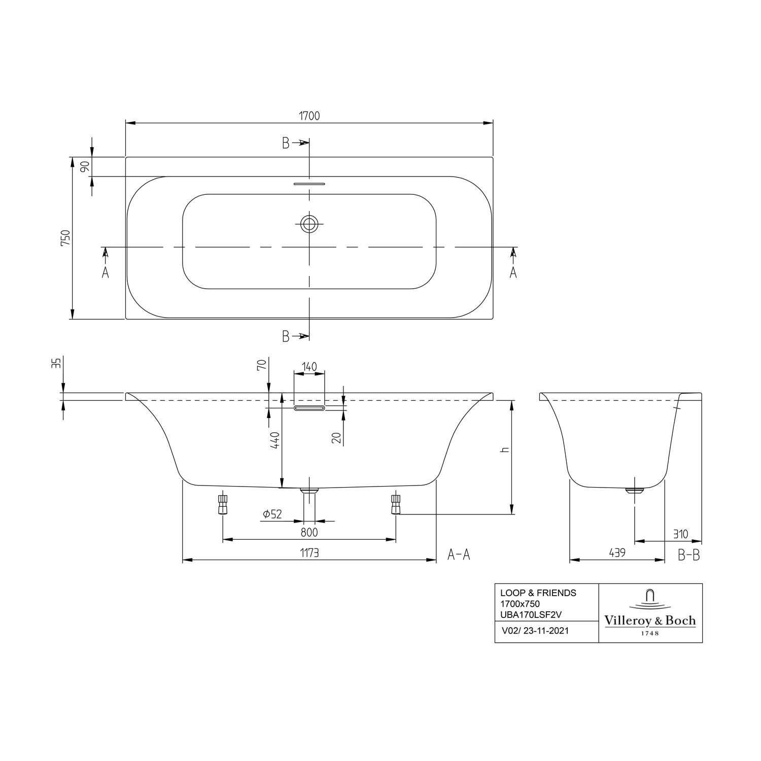 Technische Zeichnung: Villeroy & Boch Loop & Friends Rechteckwanne, 170x75 cm, Maße und Ansichten.