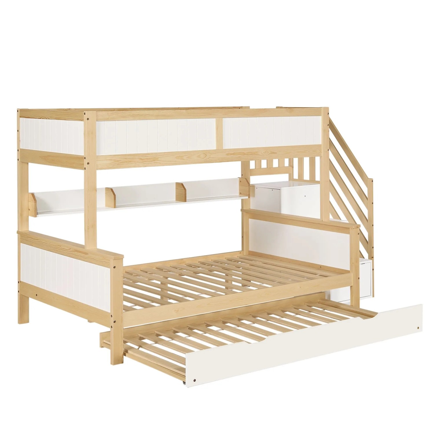KOMHTOM Etagenbett 90x200+90x190+120x200Cm Kinderbett Mit Fallschutz Gitter Rollbett Kleiderschrank Und Ecktreppe Weiß+Natur Ohne Matratze