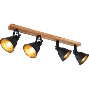 Globo Spot Günther, 4-flammig, braun-schwarz, Vintage-Look mit Holz und goldenen Akzenten.
