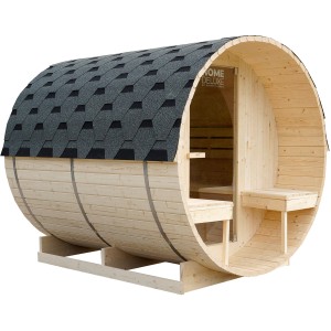 Home Deluxe Fasssauna Lahti Deluxe L mit Ofen, aus Fichtenholz mit grauer Dachpappe und Sitzplätzen.