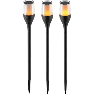 Drei schwarze LED-Solarspieße mit Flammeneffekt für den Garten.