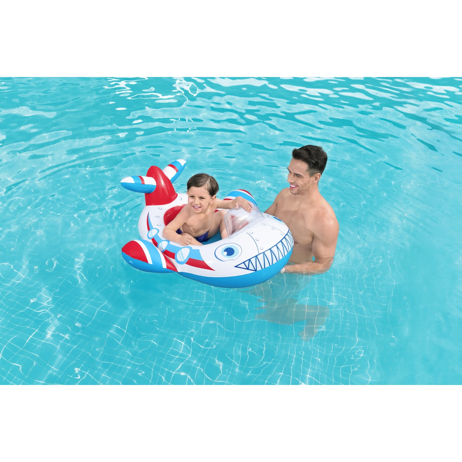Bestway Kinder-Schlauchboot Lil' Navigator im Pool mit Kind und Erwachsenem.